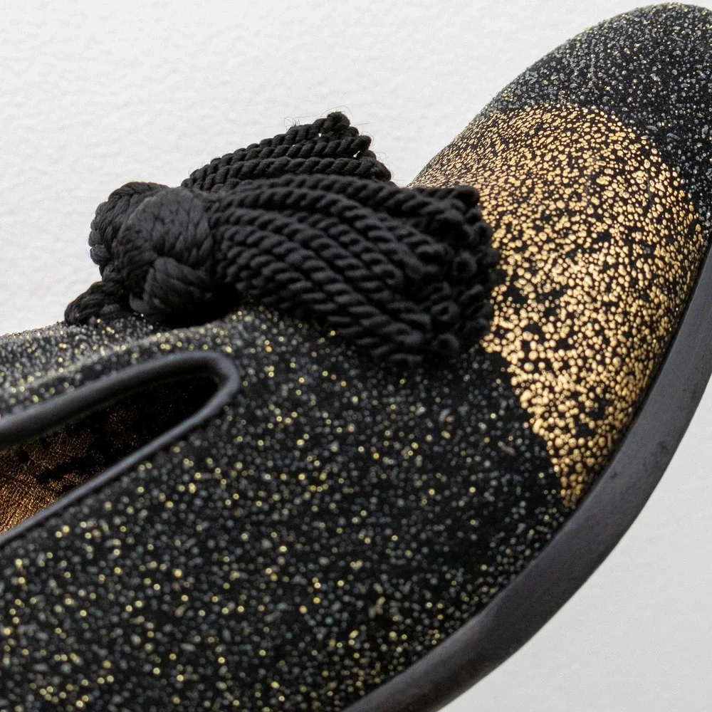 Jimmy Choo Men's Foxley Black & Gold‎ Glitter Tassel Loafers Size EU 40.5 / US 8